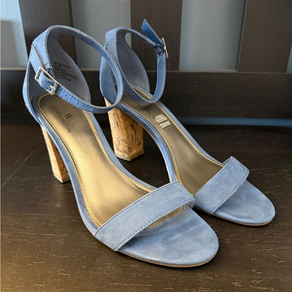 Worthington Blue Faux Suede Ankle Strap Cork Block Heel Sandal Women’s Size 7.5
